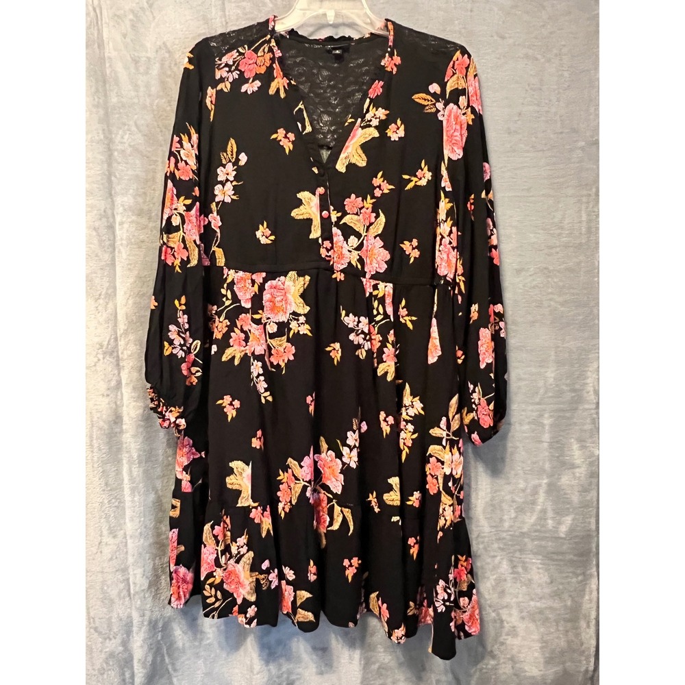Torrid 2 Black Floral Lace Trim Babydoll Dress Long Sleeve Pockets Plus Boho‎